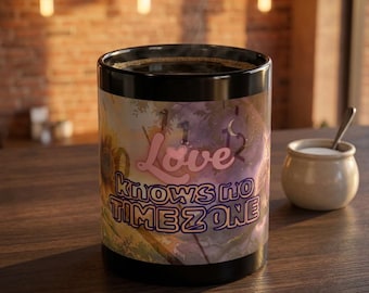 Love Knows No Timezone Owl Illustration mug | Black Ceramic Mug