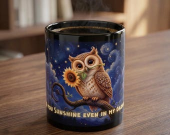 Owl with Sunflower Night Sky mug | Black Ceramic Coffee Cup