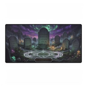 May include: A rectangular playmat with a graveyard scene, tombstones, and a glowing pentagram. The tombstones display phrases such as "This is a casual deck" and "I swear this is a fair deck." The mat has a dark fantasy theme.