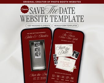 Burgundy Photo Booth Save the Date, Editable Canva Wedding Website, Digital Invitation | INSTANT DOWNLOAD
