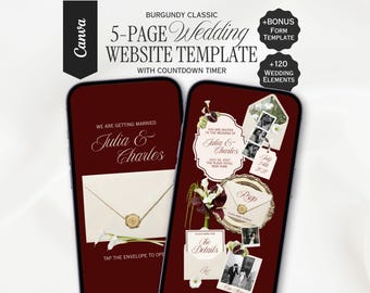 Burgundy Classic Wedding Website Template, Canva Wedding Website, Editable RSVP, Digital Wedding Invitation | INSTANT DOWNLOAD
