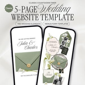 May include: A 5-page wedding website template for Canva displayed on two smartphone screens. The design features sage green envelopes with wax seals, white floral accents, and text reading Julia & Charles, The Details, and RSVP.