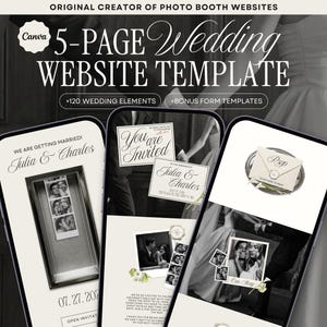 Puede incluir: Una plantilla de sitio web de bodas de 5 páginas para Canva con tres pantallas de smartphone que muestran invitaciones con tiras de fotos en blanco y negro, detalles florales y texto como Julia & Charles y RSVP.