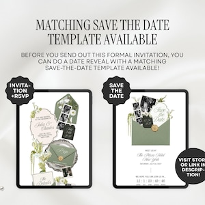 May include: A digital display showing a wedding invitation suite template with sage green envelopes, floral accents, and photo strips. Text reads MATCHING SAVE THE DATE TEMPLATE AVAILABLE, INVITATION+RSVP, SAVE THE DATE, and VISIT STORE OR LINK IN DESCRIPTION.