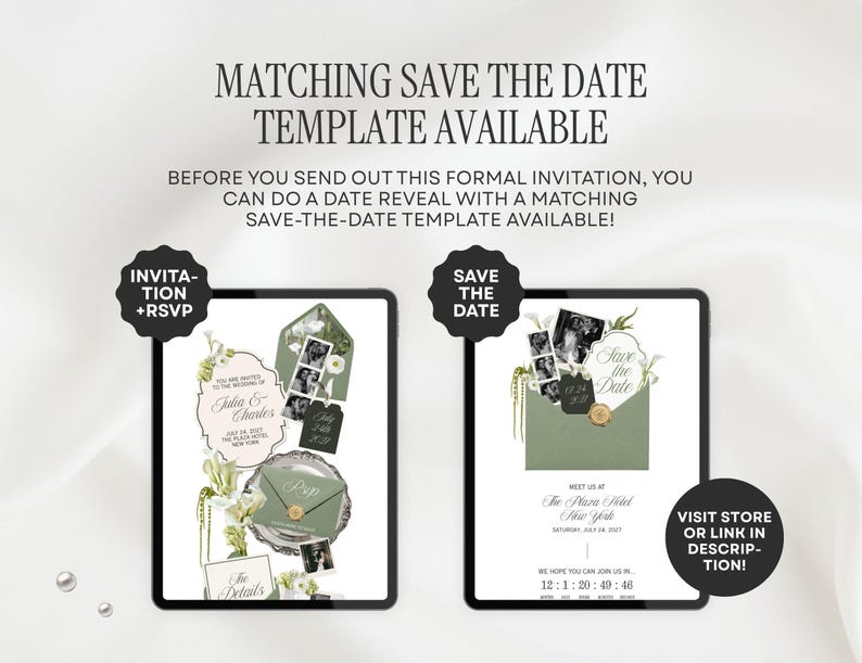 May include: A digital display showing a wedding invitation suite template with sage green envelopes, floral accents, and photo strips. Text reads MATCHING SAVE THE DATE TEMPLATE AVAILABLE, INVITATION+RSVP, SAVE THE DATE, and VISIT STORE OR LINK IN DESCRIPTION.