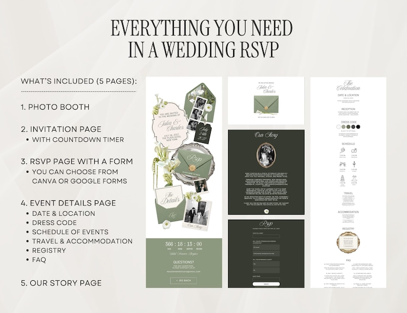 May include: A digital wedding RSVP template set featuring five pages including a photo booth, invitation with countdown timer, RSVP form, event details, and story page. The design uses sage green and white with elegant typography and floral accents.