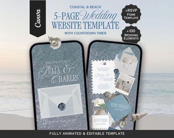 Coastal Beach Wedding Website Template, Canva Wedding Website, Editable RSVP, Digital Wedding Invitation | INSTANT DOWNLOAD