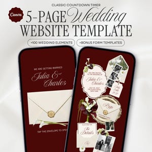May include: A 5-page wedding website template for Canva featuring a deep red background with white text. The design includes wedding invitation elements, RSVP cards, photo collages, and floral accents. Text reads: Classic Countdown Timer, 5-Page Wedding Website Template, +100 Wedding Elements, +Bonus Form Templates, Julia & Charles, The Details, and Tap the Envelope to Open.