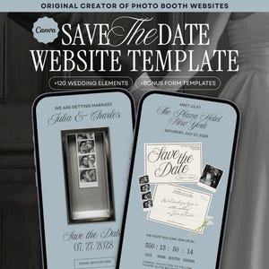 May include: A digital Save the Date website template for Canva featuring two smartphone screens with light blue backgrounds. The screens display wedding invitation text, Julia and Charles names, The Plaza Hotel New York, and photo booth strips.