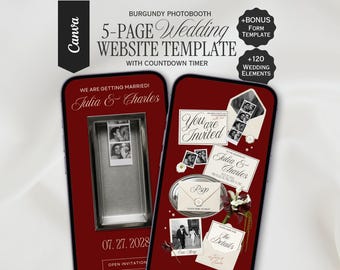 Burgundy Photo Booth Wedding Website Template, Canva Wedding Website, Editable RSVP, Digital Wedding Invitation | INSTANT DOWNLOAD