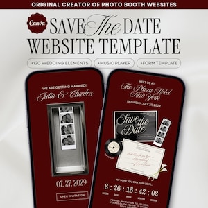 Burgundy Photo Booth Save the Date Wedding Website Template, Canva Digital Invitation with Music
