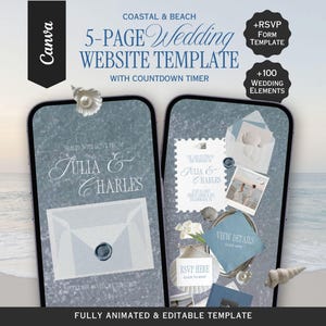 Coastal Beach Wedding Website Template |  Editable Canva Invitation with RSVP | Countdown Timer & Save the Date | INSTANT DOWNLOAD