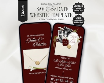 Burgundy Classic Save the Date, Editable Canva Wedding Website, Digital Invitation | INSTANT DOWNLOAD