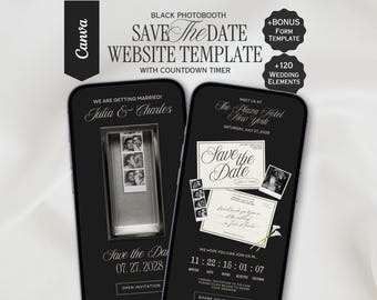 Convite de casamento digital com tema de cabine de fotos preta, site de casamento editável no Canva | DOWNLOAD INSTANTÂNEO