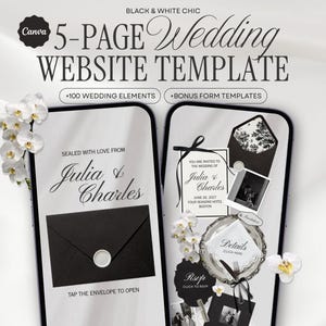 May include: A 5-page wedding website template for Canva featuring a black and white chic design. The display shows two smartphone screens with wedding invitation graphics, black envelopes with wax seals, and white orchid floral accents throughout.