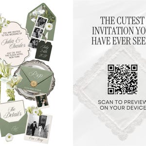 May include: A wedding invitation suite featuring sage green envelopes, white cards with black text, and black and white photo strips. The set includes a QR code on a white lace-trimmed square for digital previewing, with text reading THE CUTEST INVITATION YOU HAVE EVER SEEN!