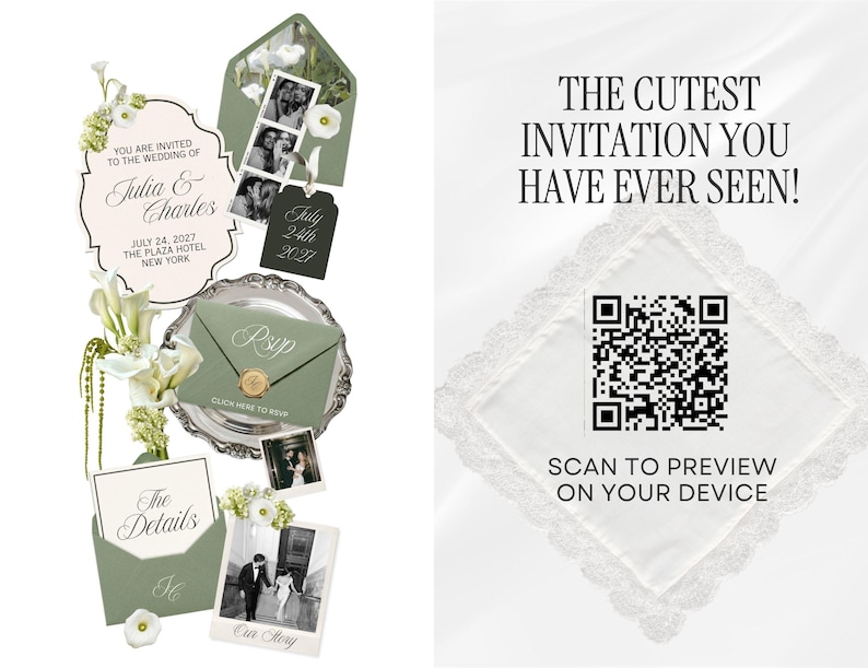 May include: A wedding invitation suite featuring sage green envelopes, white cards with black text, and black and white photo strips. The set includes a QR code on a white lace-trimmed square for digital previewing, with text reading THE CUTEST INVITATION YOU HAVE EVER SEEN!