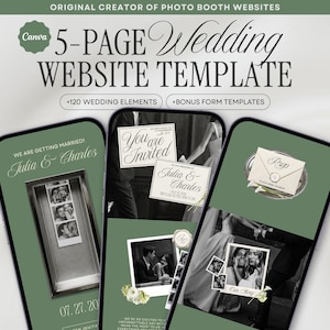 May include: A 5-page wedding website template for Canva featuring sage green backgrounds, elegant serif typography, and photo booth style imagery. The design includes text elements like Julia & Charles, You Are Invited, and RSVP, plus 120 wedding elements.