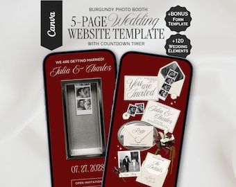 Modelo de site de casamento com cabine de fotos em tons de vinho, site de casamento no Canva, confirmação de presença editável, convite de casamento digital | DOWNLOAD INSTANTÂNEO