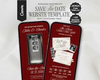 Burgundy Photo Booth Save the Date, Editable Canva Wedding Website, Digital Invitation | INSTANT DOWNLOAD