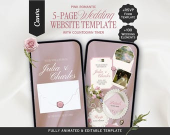 Pink Romantic Wedding Website Template, Canva Wedding Website, Editable RSVP, Digital Wedding Invitation | INSTANT DOWNLOAD