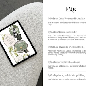 May include: A digital tablet displaying a wedding invitation template with sage green accents, floral illustrations, and photo placeholders. Beside the tablet, a list of FAQs provides information about using the template in Canva, including details on free fonts, website building, and customization options.