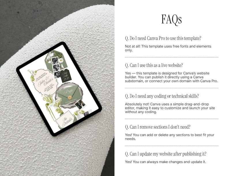 May include: A digital tablet displaying a wedding invitation template with sage green accents, floral illustrations, and photo placeholders. Beside the tablet, a list of FAQs provides information about using the template in Canva, including details on free fonts, website building, and customization options.