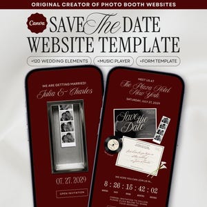 Burgundy Photo Booth Save the Date Wedding Website Template, Canva Digital Invitation with Music