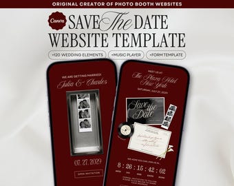 Burgundy Photo Booth Save the Date Wedding Website Template, Canva Digital Invitation with Music and Countdown Timer