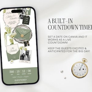 May include: A smartphone displaying a digital wedding invitation template with sage green accents, featuring a live countdown timer, RSVP card, and photo placeholders. Text includes A BUILT-IN COUNTDOWN TIMER, SET A DATE ON CANVA, and UNTIL FOREVER BEGINS.