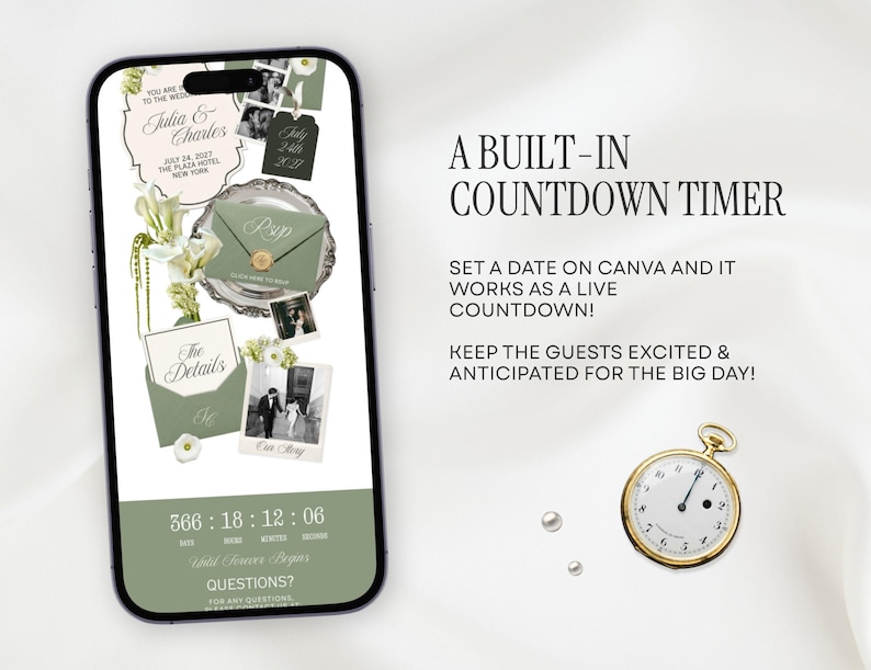 May include: A smartphone displaying a digital wedding invitation template with sage green accents, featuring a live countdown timer, RSVP card, and photo placeholders. Text includes A BUILT-IN COUNTDOWN TIMER, SET A DATE ON CANVA, and UNTIL FOREVER BEGINS.
