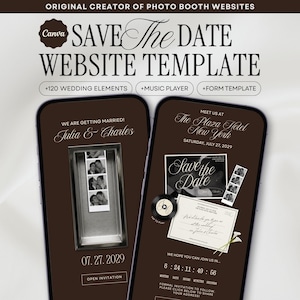 Puede incluir: Una plantilla de sitio web Save The Date para Canva con dos pantallas de smartphone que muestran diseños de invitación de boda en marrón oscuro con texto blanco, incluyendo tiras de fotos, reproductor de música y temporizador.