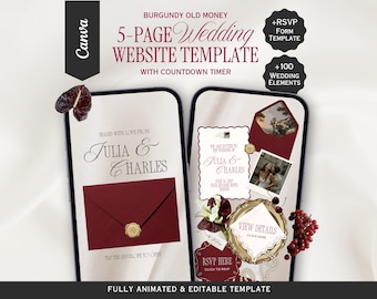 Burgundy Old Money Wedding Website Template, Canva Wedding Website, Editable RSVP, Digital Wedding Invitation | INSTANT DOWNLOAD