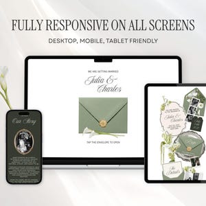 May include: A digital wedding invitation suite displayed on a smartphone, laptop, and tablet. The screens show a sage green envelope with a wax seal, floral accents, and text including "Julia & Charles" and "Fully Responsive on All Screens."