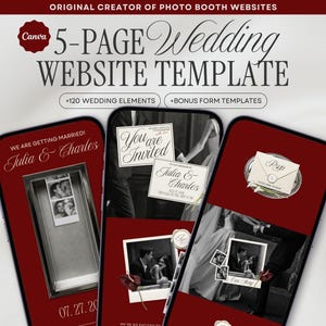 Burgundy Photo Booth Wedding Website Template, Canva Wedding Website, Editable RSVP, Digital Wedding Invitation | INSTANT DOWNLOAD
