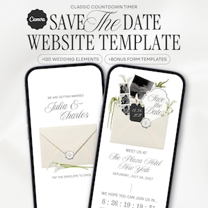 Puede incluir: Una plantilla de sitio web digital para guardar la fecha en dispositivos móviles con el texto Classic Countdown Timer, Save The Date Website Template, +120 Wedding Elements, +Bonus Form Templates, Julia & Charles y The Plaza Hotel New York.