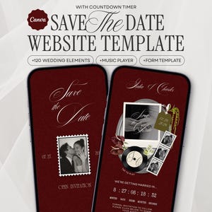 May include: Two smartphones displaying a Save The Date website template on a deep red background. The screens feature elegant typography, a countdown timer, a music player, and photo frames with images of a couple. Text includes Save The Date.