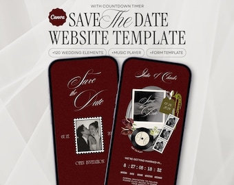 May include: Two smartphones displaying a Save The Date website template on a deep red background. The screens feature elegant typography, a countdown timer, a music player, and photo frames with images of a couple. Text includes Save The Date.
