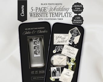 Black Photo Booth Wedding Website Template, Canva Wedding Website, Editable RSVP, Digital Wedding Invitation | INSTANT DOWNLOAD