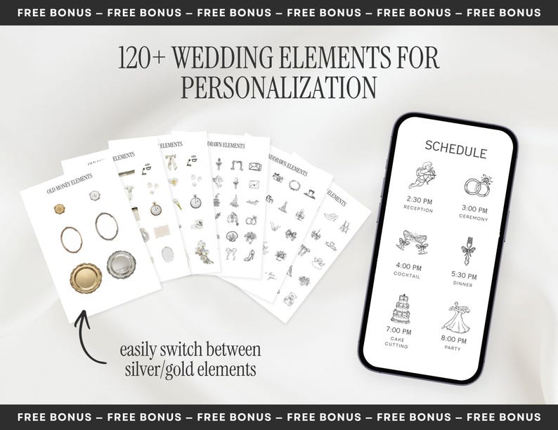May include: A digital collection of 120+ wedding elements for personalization, displayed on several white cards and a smartphone screen showing a wedding schedule with icons and text. The cards feature gold and silver graphic icons for events.