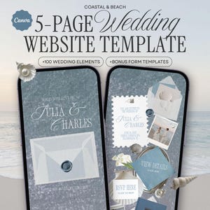 Op de afbeelding: Een 5-pagina trouwwebsite sjabloon voor Canva met een kust- en strandthema. Het ontwerp toont twee smartphoneschermen met trouwuitnodigingsdetails voor Julia en Charles, inclusief schelpengraphics en blauwe waszegels.