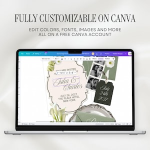 May include: A laptop screen displaying a digital invitation template on Canva. The design features the text Julia & Charles, July 24, 2027, The Plaza Hotel New York, alongside floral graphics, photo strips, and a tag. The top text reads FULLY CUSTOMIZABLE ON CANVA.