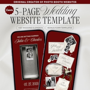 Bordeauxrode fotobooth-trouwwebsite-template, Canva-trouwwebsite, bewerkbare RSVP, digitale trouwuitnodiging | DIRECT DOWNLOADEN