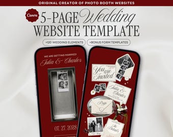 Burgundy Photo Booth Wedding Website Template, Canva Wedding Website, Editable RSVP, Digital Wedding Invitation | INSTANT DOWNLOAD