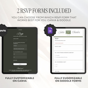 May include: Two digital tablets displaying RSVP forms. The left tablet shows a dark-themed Canva RSVP form. The right tablet shows a light-themed Google Form with the names Julia and Charles. Text reads 2 RSVP FORMS INCLUDED and CANVA & GOOGLE.