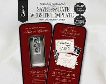 Burgundy Photo Booth Save the Date, Editable Canva Wedding Website, Digital Invitation | INSTANT DOWNLOAD