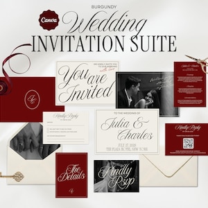 Burgundy and Ivory Wedding Invitation Suite Template, Printable Wedding Stationery Bundle, Editable Canva Invitation Set