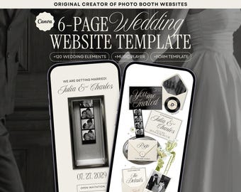 May include: A 6-page wedding website template for Canva featuring two smartphone screens displaying wedding invitation designs. The screens show text including Julia & Charles, 07.27.2029, You are Invited, RSVP, and The Details, alongside photo booth strips.