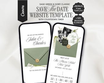 Sage Green and Ivory Classic Save the Date, Editable Canva Wedding Website, Digital Invitation | INSTANT DOWNLOAD