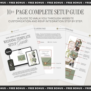 May include: A 10+ page complete setup guide for a sage green and ivory wedding template. The document includes instructions for website customization and RSVP integration, featuring diagrams of landing and invitation pages with Canva branding.